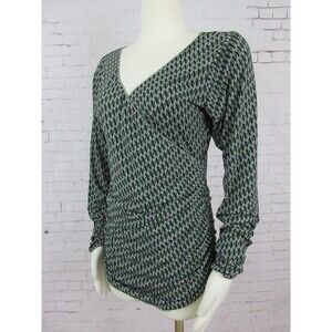 STUDIO M - Green & Black Long Sleeve Faux Wrap Knit Top Size L